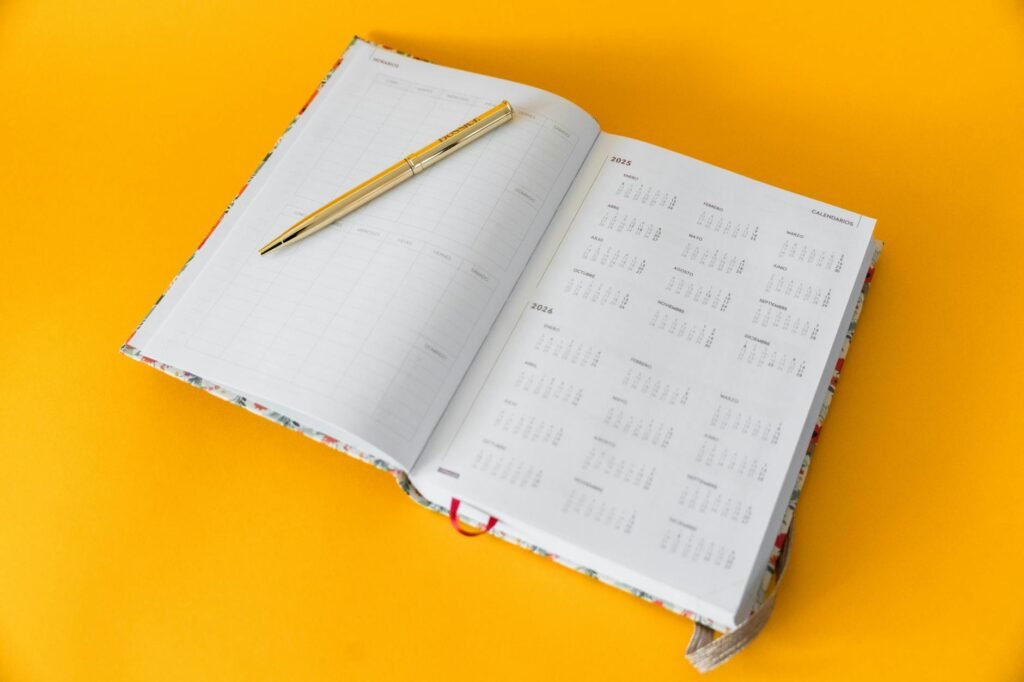 Open planner with a monthly calendar view