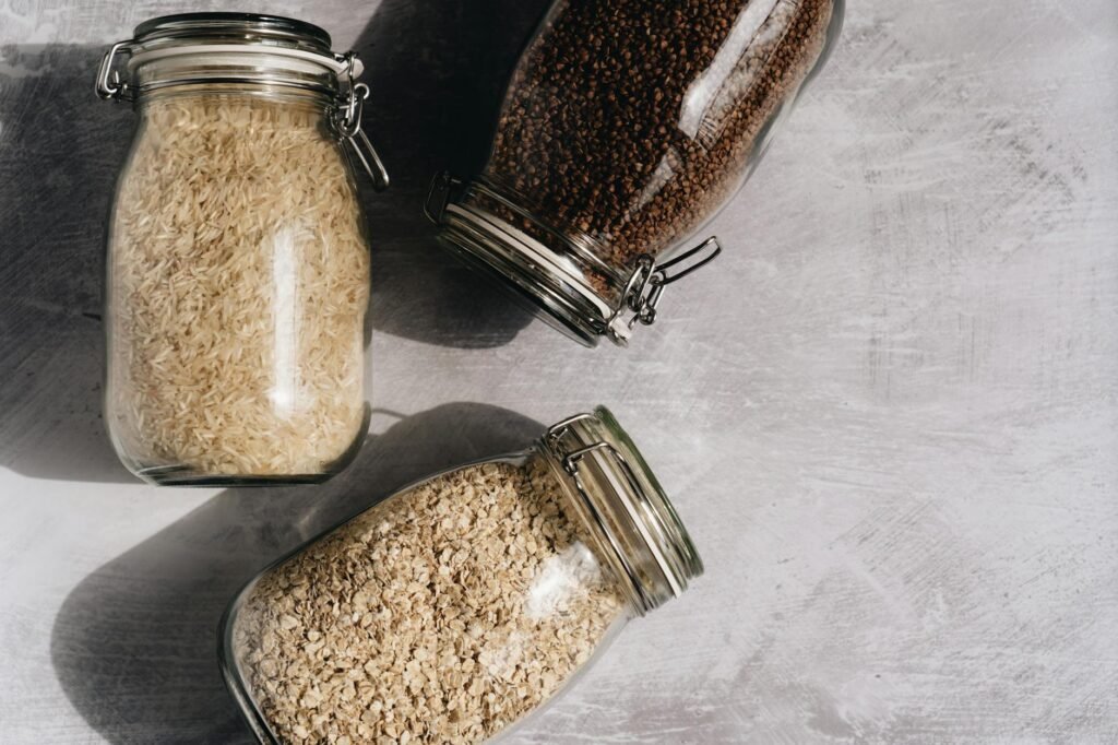 Basic meal ingredients arranged on a kitchen counter