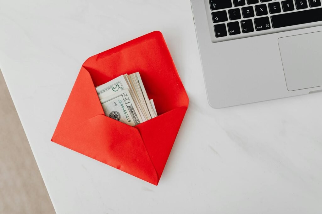 Labeled cash envelopes arranged on a table