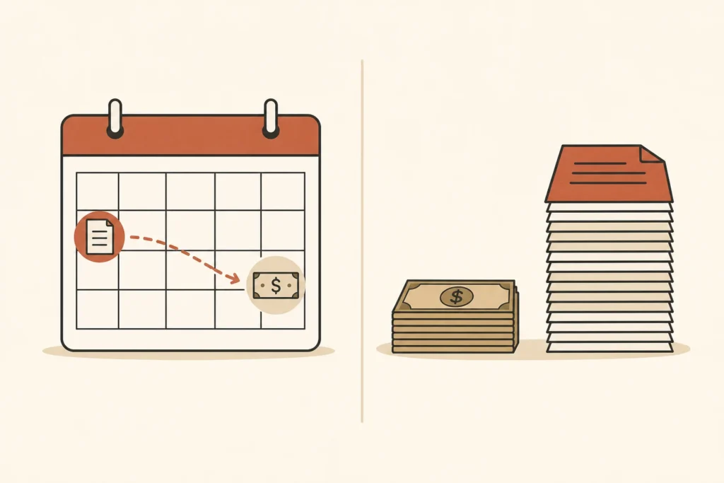Two panels contrast bills arriving before income with essential bills exceeding available income.