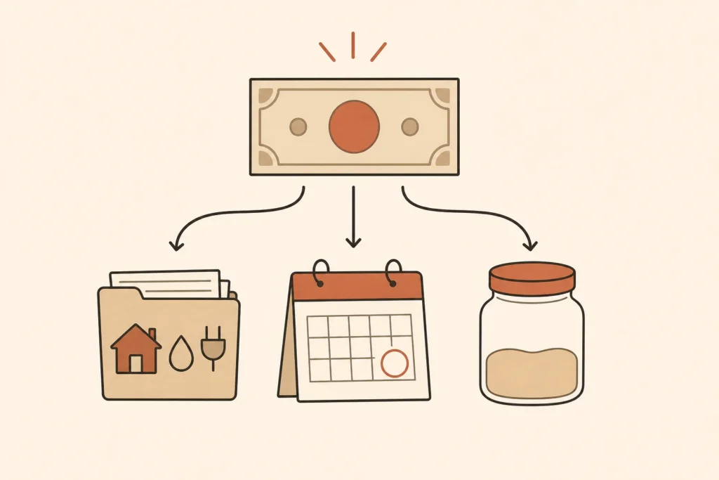 A paycheck is divided among bills, planned irregular expenses, and a cash buffer.