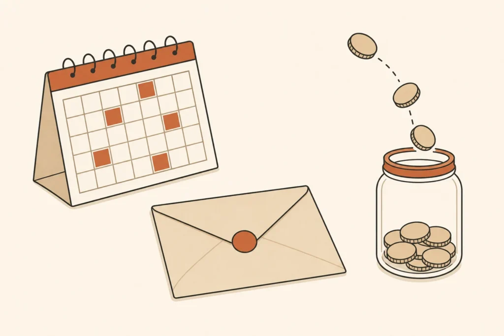 A calendar, an annual bill envelope, and a savings jar represent setting aside money before a bill is due.