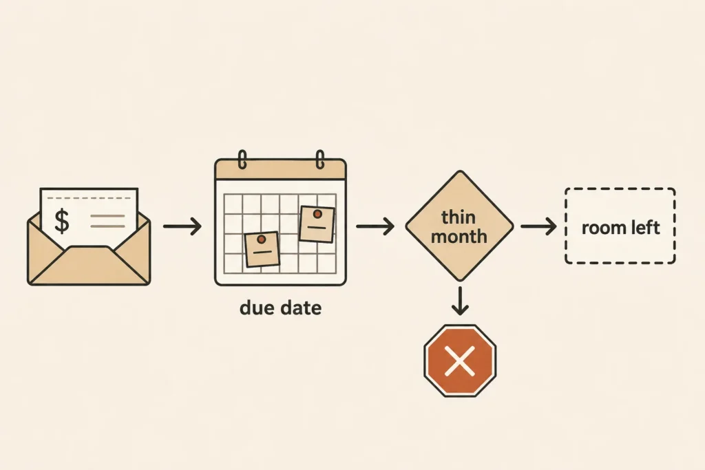 A payment tested against a thin month and its due date before checking the money left over.