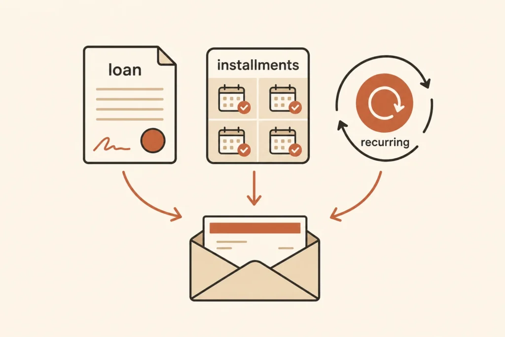Loan, installment, and recurring-payment icons pointing toward one paycheck.