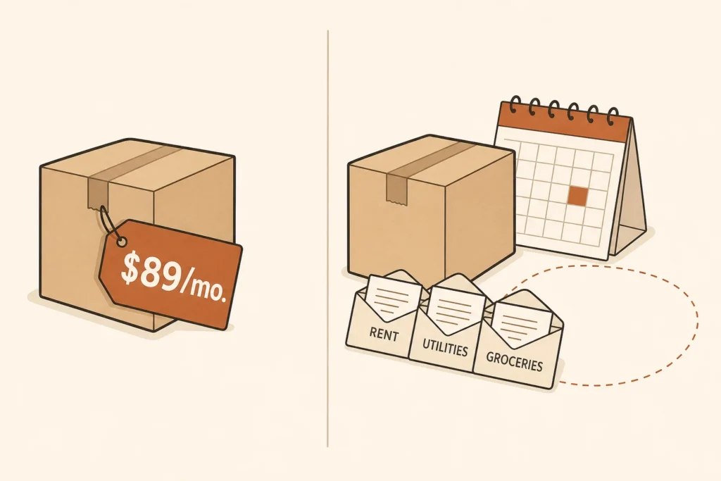 A monthly payment tag compared with a calendar, household bills, and money left over.