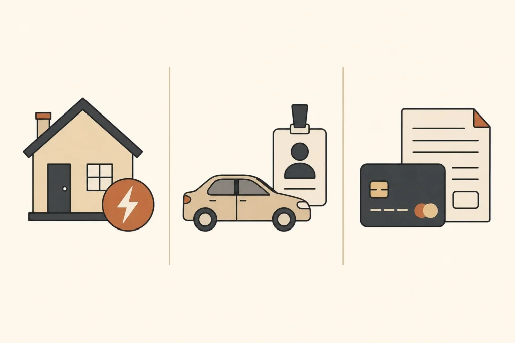 Three-panel illustration showing housing and utilities, transportation for work, and a credit card bill as different payment consequences.