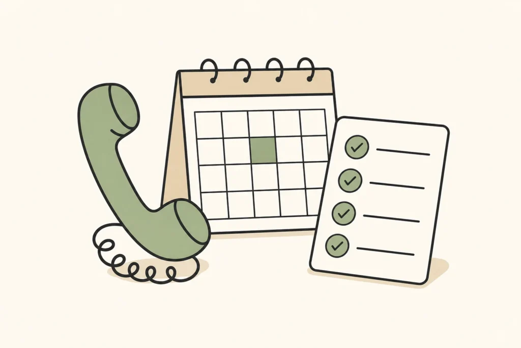 Illustration of a phone, calendar, and checklist for preparing a hardship call to a biller.