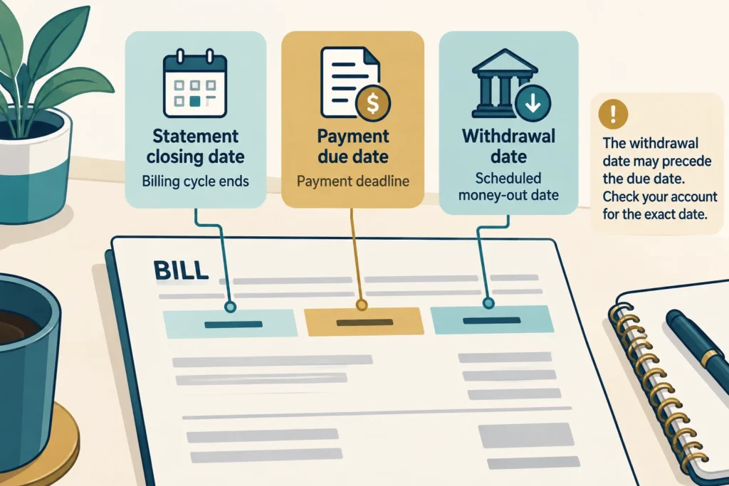 Diagram distinguishing a statement closing date, payment due date, and scheduled bank withdrawal date.