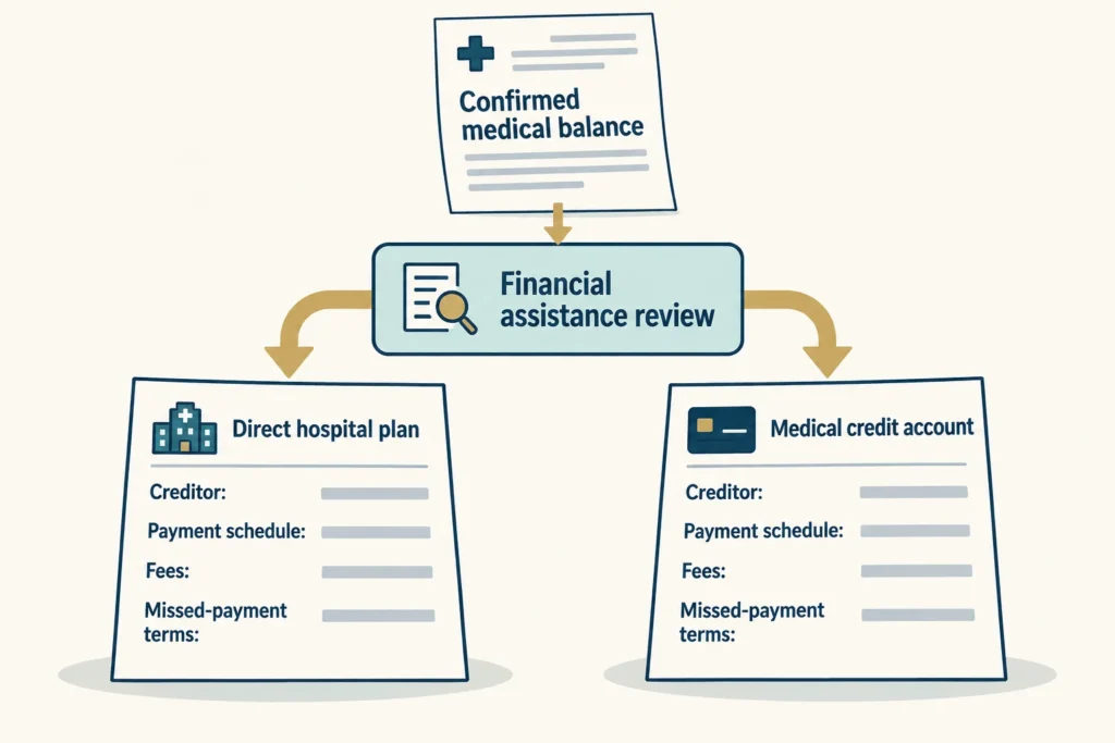 A confirmed medical balance moves through financial-assistance review before comparison of a direct hospital plan and a medical credit account.