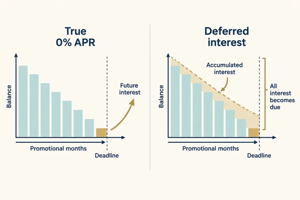 An unpaid balance triggers accumulated promotional-period interest under deferred interest but not under true introductory 0% APR.