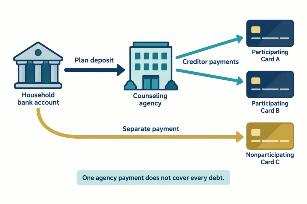 A household pays two participating cards through an agency and pays a nonparticipating third card separately.