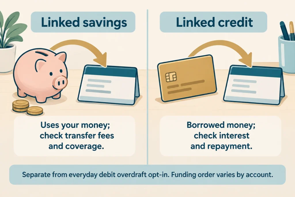 Linked savings uses your own funds, while linked credit covers a checking shortage with borrowed money.