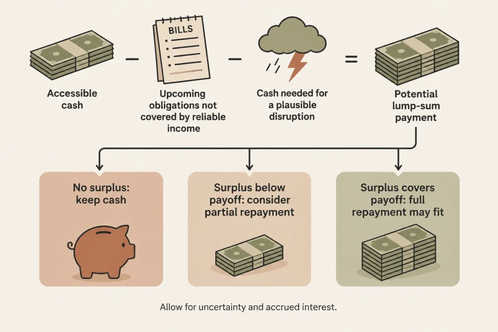 Decision diagram showing that upcoming obligations and disruption needs are subtracted before choosing a credit-card repayment amount.