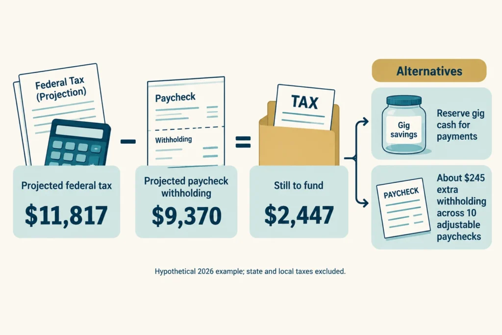 Projected federal tax of $11,817 minus $9,370 in withholding leaves $2,447 to fund through reserved cash or extra withholding.