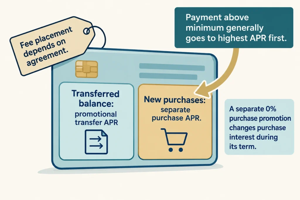 Transferred debt and new purchases can have different APRs, and extra payments generally go to the highest-rate balance first.