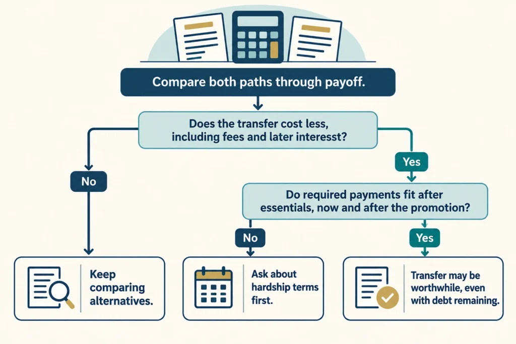 A balance transfer needs to pass two checks: lower total cost and affordable required payments.