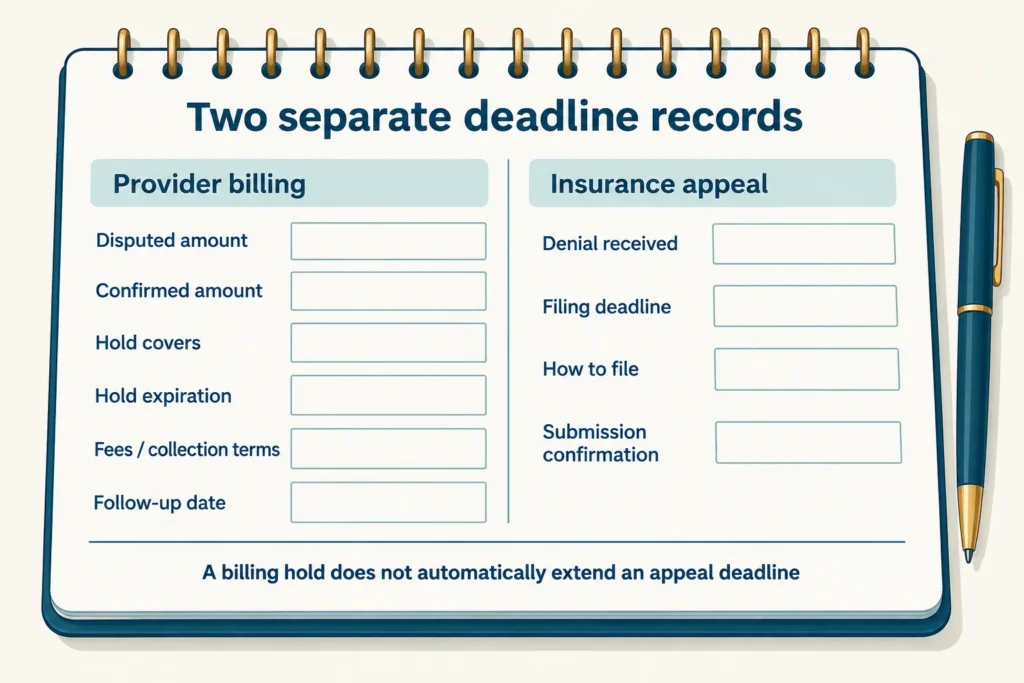 Separate records for provider billing hold terms and an insurance appeal deadline and filing confirmation.