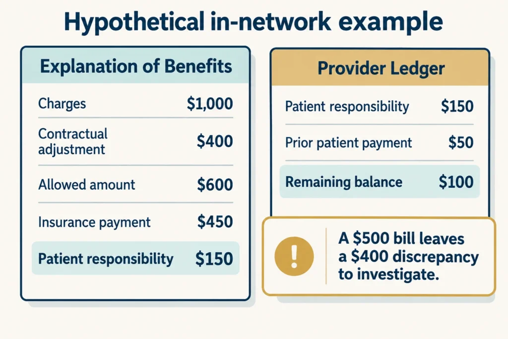 Hypothetical claim with $150 patient responsibility minus a $50 prior payment, leaving $100 rather than a $500 bill.