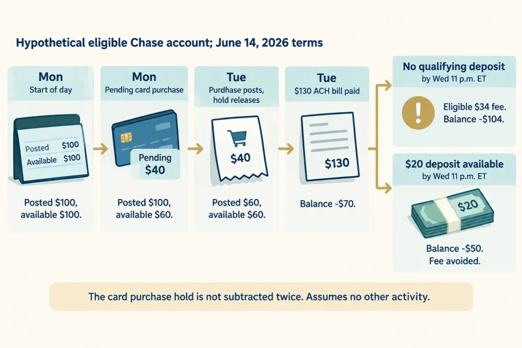 Timeline showing a $40 card hold releasing when the purchase posts, followed by a $130 ACH bill that leaves a negative $70 balance.