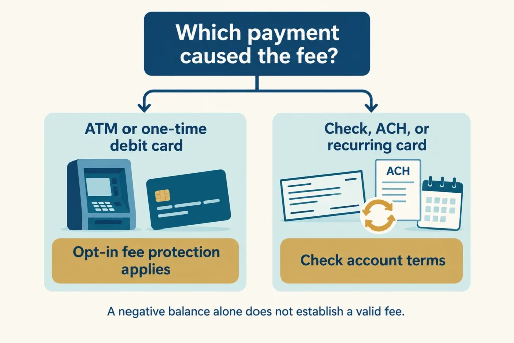 Payment-type diagram separating ATM and one-time card transactions from checks, ACH withdrawals, and recurring card payments.