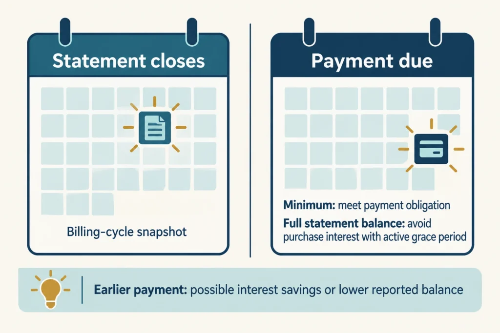 Statement closing date creates the billing snapshot, while the due date sets the payment deadline.