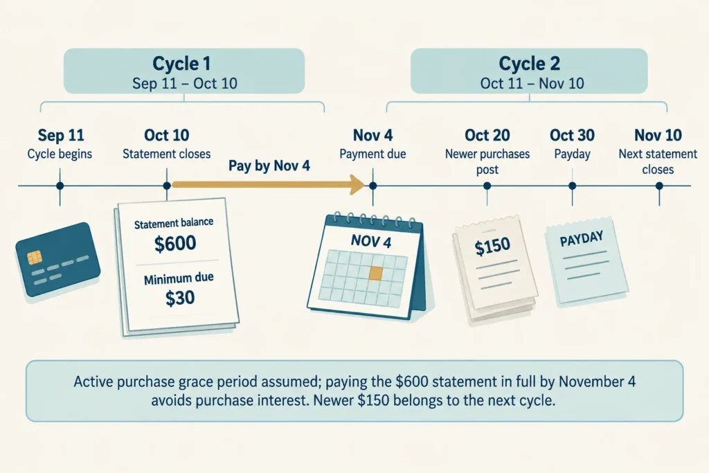 A $600 October 10 statement is due November 4; $150 in newer purchases belongs to the cycle closing November 10.