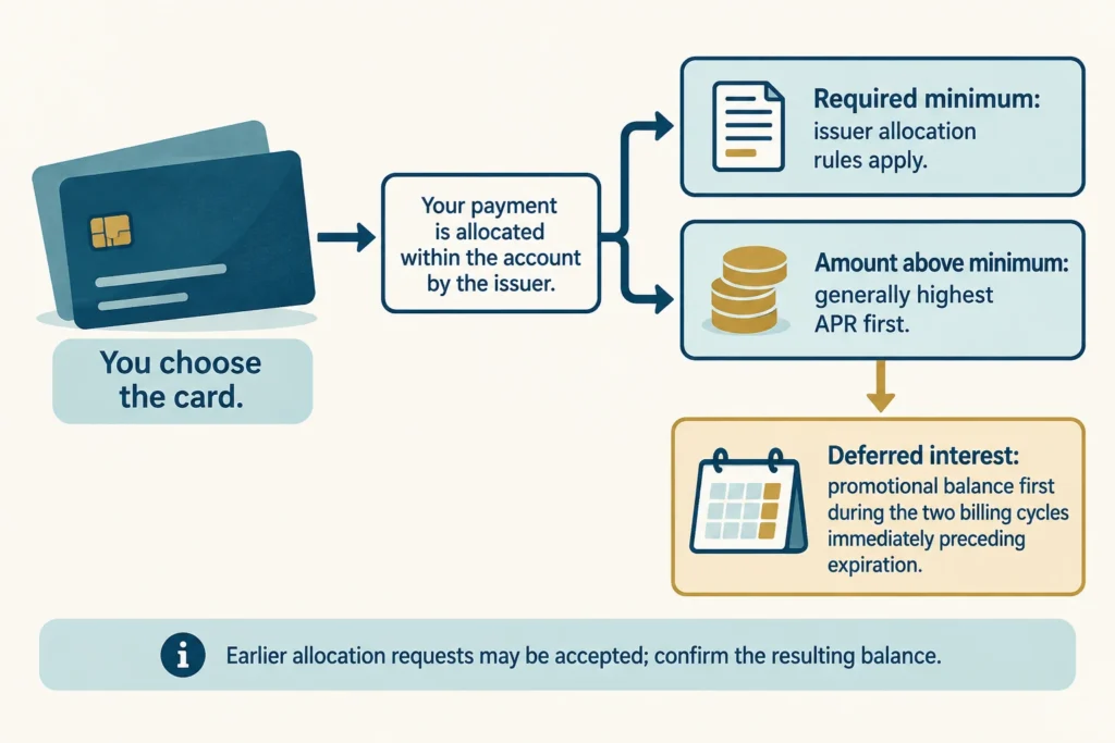 You select the credit-card account, while allocation rules govern how its minimum and extra payment reach individual balances.