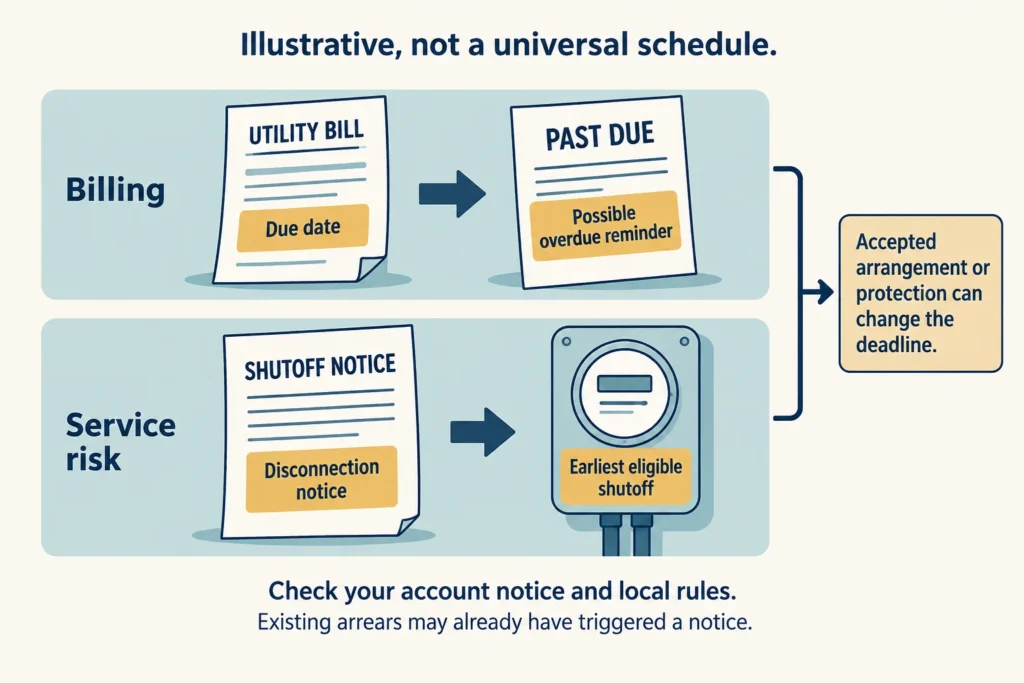 Diagram distinguishing a utility bill's due date and possible overdue reminder from a disconnection notice and earliest eligible shutoff.
