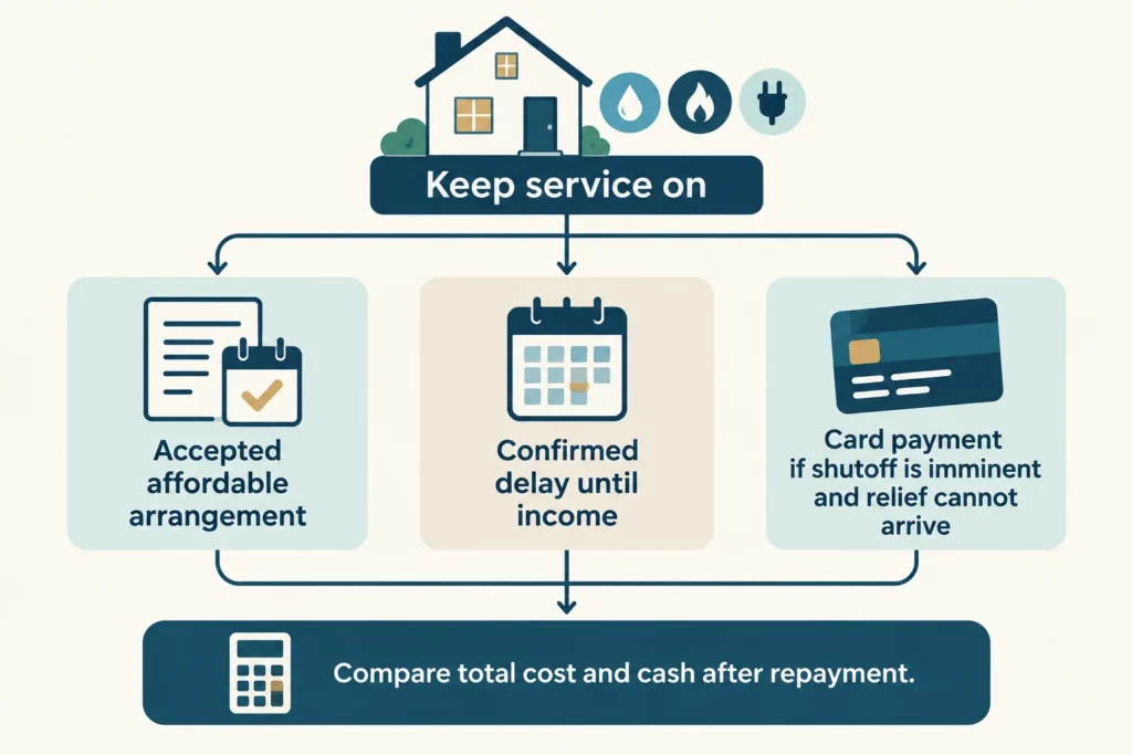 Three ways to preserve utility service: an accepted arrangement, a confirmed short delay, or a card payment when timely relief is unavailable.