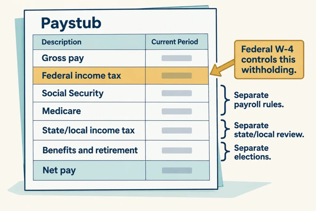 A federal W-4 changes federal income-tax withholding, not Social Security, Medicare, benefits, or retirement deductions.