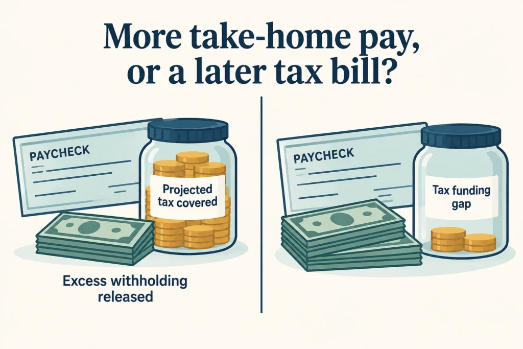 Reducing excess withholding leaves projected tax covered; reducing necessary withholding creates a future tax funding gap.
