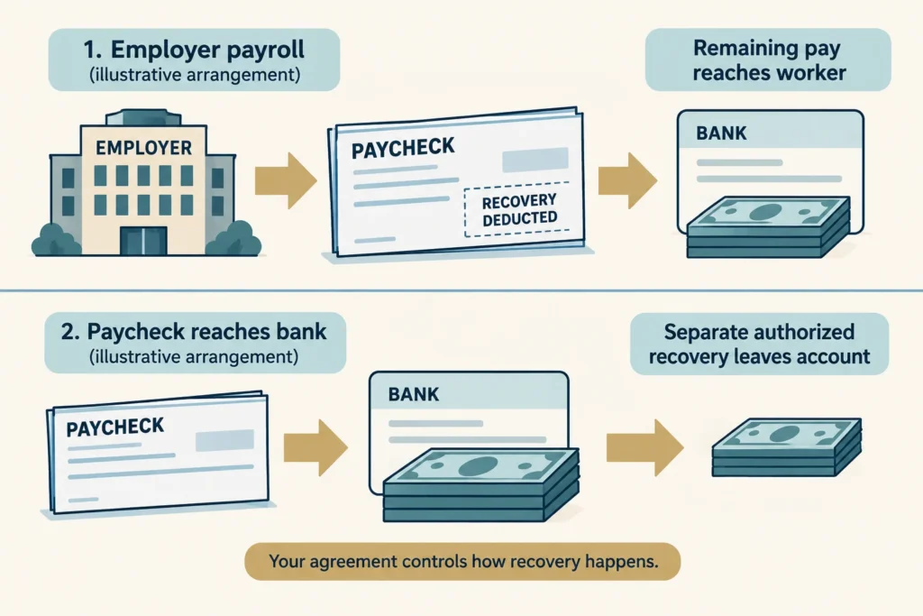 Two repayment arrangements: recovery before remaining pay arrives, or a separate withdrawal after pay reaches the bank.