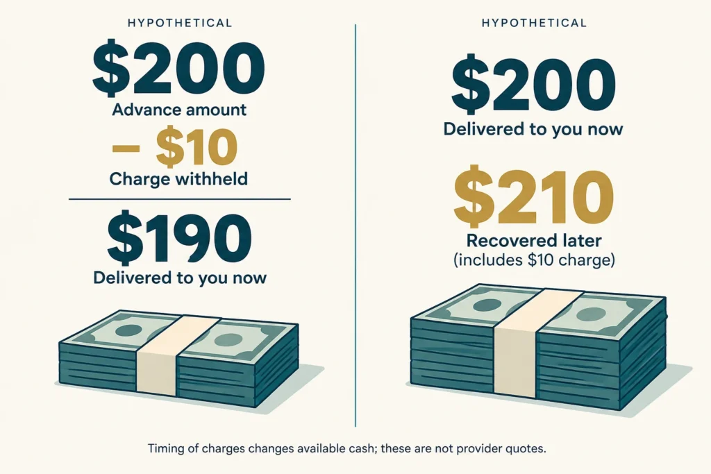A hypothetical $200 advance delivers $190 if a $10 charge is withheld, or delivers $200 with $210 due later.
