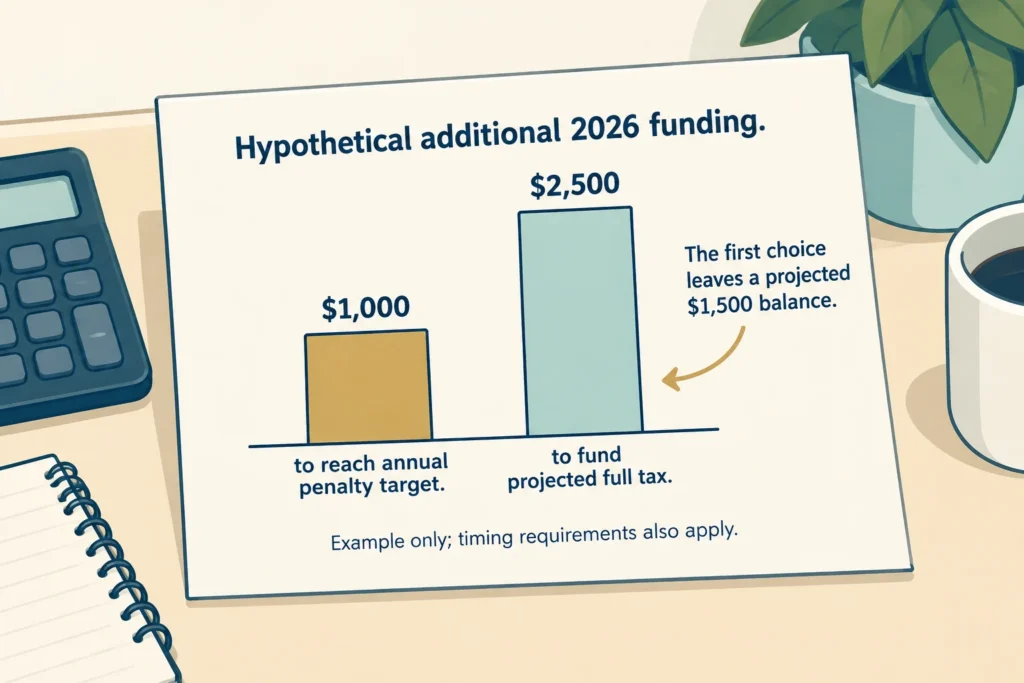 The hypothetical household needs $1,000 more for its annual penalty target or $2,500 more to fund its full projected tax.