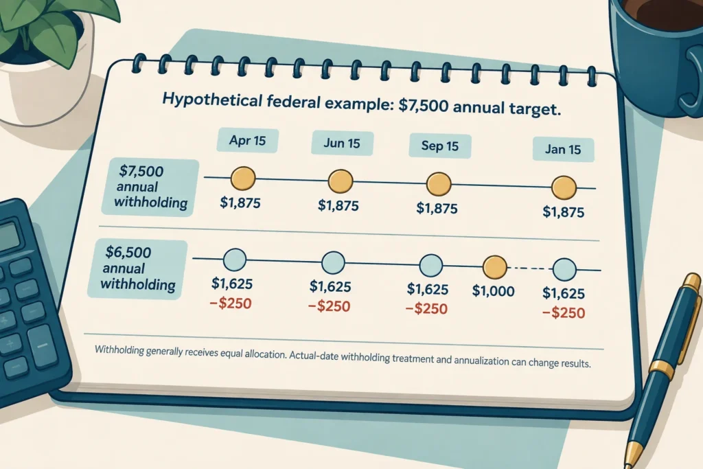 Annual withholding is generally allocated across four installments, while a late estimated payment does not erase earlier installment shortfalls.
